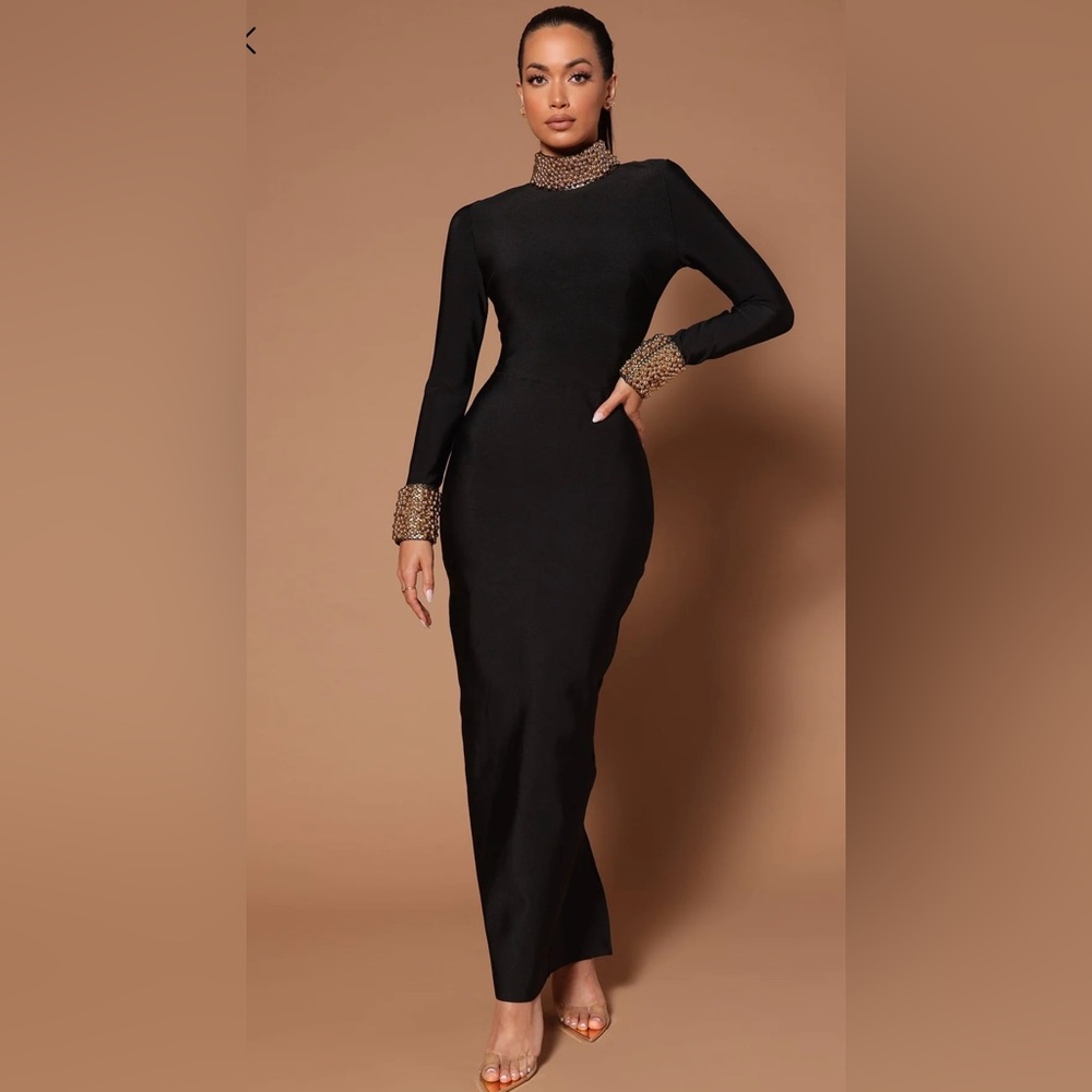 Chic Black and Gold Long Sleeve Dress - fashion nova luxe